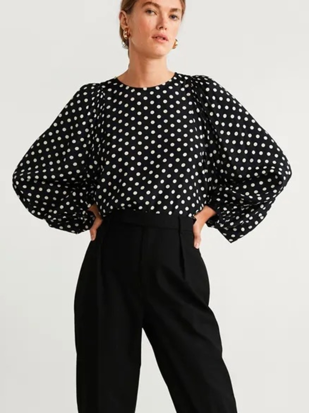 Mango Black and White Polka Dot Lightweight Balloon Sleeve Blouse Top Size Small